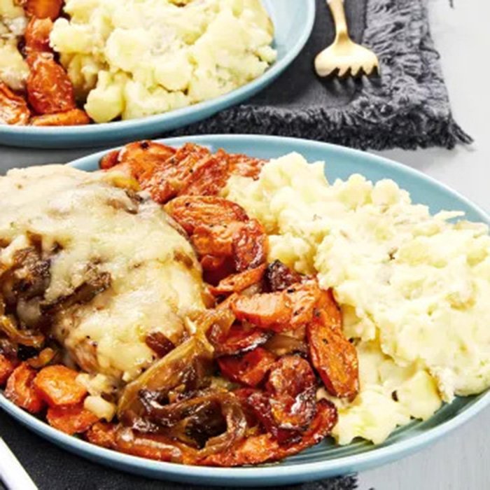 French Onion Chicken with Roasted Carrots & Mashed Potatoes — Quick